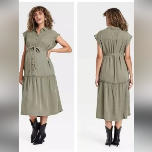 ISABEL Maternity Green Sleeveless Polo Collar Midi Sundress - Picture 1 of 11